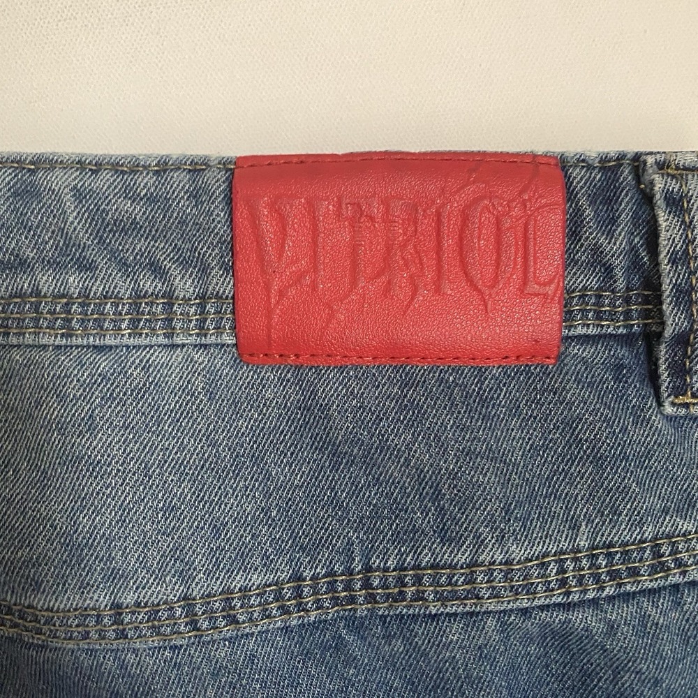 Y2K Vitriol Baggy  Jeans Men 36 Blue Embroidered Ultra-Wide Hip Hop Distressed - Picture 3 of 11